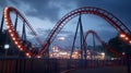 Captivating View of a Twisting Roller Coaster Tracks at Twilight with Thrilling Ups and Downs Over a Vibrant Amusement Park Scene Royalty Free Stock Photo