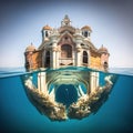 Imaginary surreal Venice over water and under water, split frame, AI generative