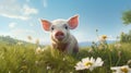 Captivating Visual Storytelling A Cute Pig Grazing In A Field Of Daisies