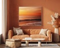 A captivating wall-mounted photograph of an ocean sunset, a cozy velvet sofa, and textured accents come together to create a