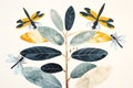 Serene Watercolor Botanical Illustration Featuring Dragonflies and Elegant Leaves Royalty Free Stock Photo