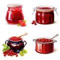 Pot of jam. Jar of jelly. Red berries and strawberry delight. Collection. White background. Watercolor illustration.