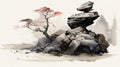 Captivating Watercolor Illustration Of A Small Tree On Rocks
