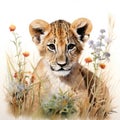Captivating Watercolor Lion Cub Amidst Savanna Grasses AI Generated AI Generated