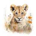 Captivating Watercolor Lion Cub Amidst Savanna Grasses AI Generated