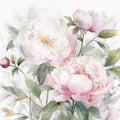 Enchanting Watercolor Painting of Romantic White and Pink Peonies and Roses for Wallpaper , Generative AI