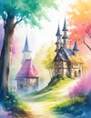 Enchanted Forest Village: Watercolor Painting in Vivid Polychromatic Splendor