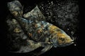 Watercolor painting of goldfish on a black background with splashes