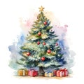 Stylized watercolor Christmas tree, beautifully decorated. Generative AI