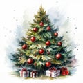 Stylized watercolor Christmas tree, beautifully decorated. Generative AI