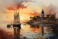 Dusk\'s Serenity: Watercolor Embrace of Tranquil Harbor