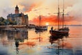 Dusk\'s Serenity: Watercolor Embrace of Tranquil Harbor