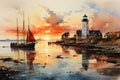 Dusk\'s Serenity: Watercolor Embrace of Tranquil Harbor