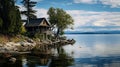Captivating Waterfront Cabin: Vignette Style, Indigo & Gray, 8k Resolution