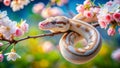 Captivating White Ball Python with Blue Eyes Adorned on a Delicate Cherry Blossom Branch in a Spring Garden Royalty Free Stock Photo