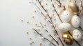 Captivating  white and gold easter eggs on willow branches, white background, minimal concept, flat lay, studio lighting, cop Royalty Free Stock Photo