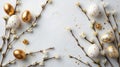 Captivating  white and gold easter eggs on willow branches, white background, minimal concept, flat lay, studio lighting, cop Royalty Free Stock Photo