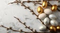 Captivating  white and gold easter eggs on willow branches, white background, minimal concept, flat lay, studio lighting, cop Royalty Free Stock Photo