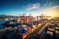 Bustling Shipping Container Terminal at Golden Hour