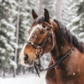 Captivating Winter Imagery: Therapeutic Riding Horse In Snowy Mahogany Forest