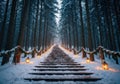 Snowy Forest Staircase Illuminated by Lanterns - A Winter Wonderland Path Royalty Free Stock Photo