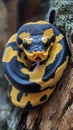 Captivating yellow and black python perched on tree bark in a natural habitat showcasing vivid coloration and texture Royalty Free Stock Photo