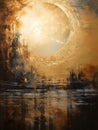 Captivatingly Atmospheric Abstract Painting of the Golden Sun with Metallic Leaves AI Generated Royalty Free Stock Photo