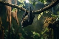 Nocturnal Bat Hanging on Tree Branch at Night, Dark Fur, Wildlife Photography cave fauna animal Royalty Free Stock Photo