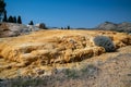 Captive geyser in Soda Springs Idaho. Mineral terraces of the hot springs