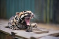 captive sunda clouded leopard yawning, showing teeth