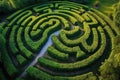 Capture an aerial view of a sprawling and challenging maze situated in the midst of a vibrant, green fiel Royalty Free Stock Photo