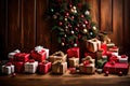 Capture the anticipation of Christmas with a scene of beautifully wrapped gifts arranged in front of a wooden door. Emphasize the Royalty Free Stock Photo