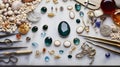 Exquisite Jewelers Workspace: Precise Gemstone Arrangement on White Marble