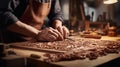 Masterful Woodworking: Skilled Hands Carving Intricate Design on Mahogany