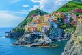 Capture the awe-inspiring beauty of a vibrant village perched high above the ocean on a picturesque cliff, A colorful coastal town