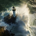 Spectacle from Above: Aerial View of Lighthouse Confronting a Powerful Freak Wave on the Cliff Royalty Free Stock Photo