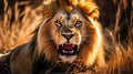 Majestic Lion Roaring in Golden Hour Splendor Royalty Free Stock Photo