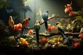 Vibrant Tropical Birds in Mid-Flight: A Colorful Rainforest Delight