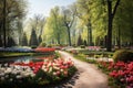 Capture the beauty of nature with this serene painting of a garden filled with colorful flowers and lush trees., Panoramic view to