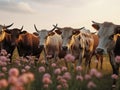 Majestic Longhorn Grazing in Lush Violet Meadow - generative ai