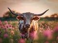 Majestic Longhorn Grazing in Lush Violet Meadow - generative ai