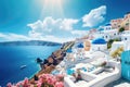 Capture the beauty of a picturesque blue and white village in this breathtaking scenic view, Santorini, Greece with its white-