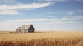 Barn in Wheat Field Under Blue Sky, A Stunning Rustic Landscape in Rural Countryside Royalty Free Stock Photo