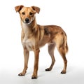 Studio shot of a mixed breed dog standing, isolated on white background