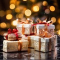 Capture the delectable allure of gift boxes in a captivating image set against a backdrop of festive Christmas bokeh Royalty Free Stock Photo