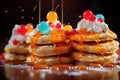 Pancakes with whipped cream and fresh fruits on dark background, delicious breakfas