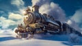 Retrofuturistic Steampunk Train in High-Speed Motion, snow, generative ai