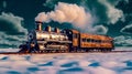 Retrofuturistic Steampunk Train in High-Speed Motion, snow, generative ai