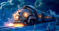 Retrofuturistic Steampunk Train in High-Speed Motion, snow, generative ai