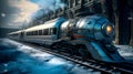 Retrofuturistic Steampunk Train in High-Speed Motion, snow, generative ai